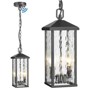 Outdoor Pendant Lights for Porch Chandelier Outdoor Pendant Lights Dusk to Dawn, 2-Light Modern Hanging Porch Lights Exterior Hanging Light Fixture with Water Ripple Glass for Patio Gazebo