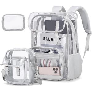 Clear Backpack Heavy Duty Thick - Clear Bookbag with Lunch Bag Set for School See Through PVC Transparent Backpacks for College Travel Work Girls Women (Grey)