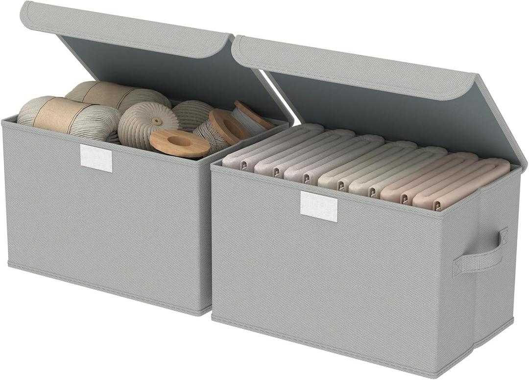 Fabric Storage Bin with Lid, Closet Boxes with Cover, Collapsible Stackable Organizer Basket with 2 Handles, for Home and Bedroom, 2 Pack, Grey, 10.2 x 7.9 x 6.7 In, XSNY12GS-2