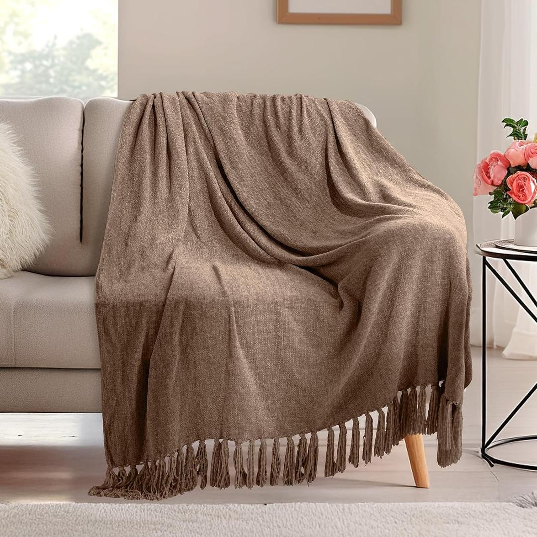 KASENTEX Chenille Throw Blanket for Couch, Lightweight 50x60in Soft Throw Blanket with Fringe Tassel for Sofa Chair Bed, Knitted Decorative Boho Blankets for Gift, Cozy Warm All Season, Brown (Throw 50x60in, Brown)