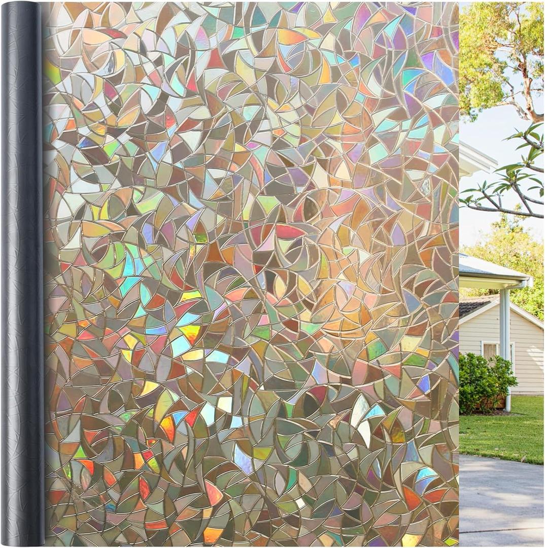 Haton Window Privacy Film, Stained Glass Rainbow Film Decorative Window Clings, Static Cling Sun Blocking Sticker Decal Covering Tint for Home Heat Control, Non-Adhesive, Brown 35.4" x 157.4"
