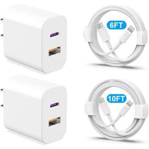 20W Dual Port Fast Charger Block 2-Pack with 6FT & 10FT MFi-Certified Cables, PD/QC3.0 Quick Charge Adapter for iPhone 14/13/12/11 Pro Max/XS/XR/X, iPad, AirPods Pro - Overheat & Surge Protection