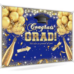 Avezano Congrats Grad Backdrop for Class of 2025 Royal Blue and Gold Graduation Decorations Congratulate Graduation Photography Background Grad Celebration Prom Party Photoshoot Supplies (7x5ft, Blue)