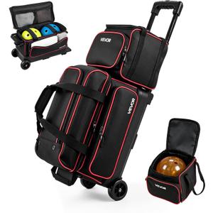 VEVOR 3 Ball Bowling Bag Double Roller Bag with Separate Shoe Compartment, 22.44" x 10.43" x 16.14",9.84" x 9.45" x 8.66"