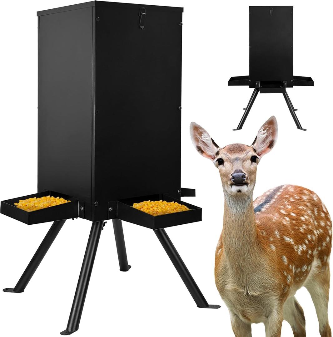 Prolee 50-80lbs Deer Feeder,Weatherproof Deer Feeders for Hunting with 4 Feeding Tray and 4-Leg Stand,Heavy Duty Metal Hunting Game Feeder for Deers and Wildlife (Black)
