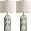BOBOMOMO 26" Retro Farmhouse Lamps Set of 2 - Vintage Leaf Design, Living Room Lamps with Linen Shades, Rustic Resin Lamp for Bedroom, Living Room, Nightstand, Entryway, Nursery, Wood Grain (Weathered wood Color)