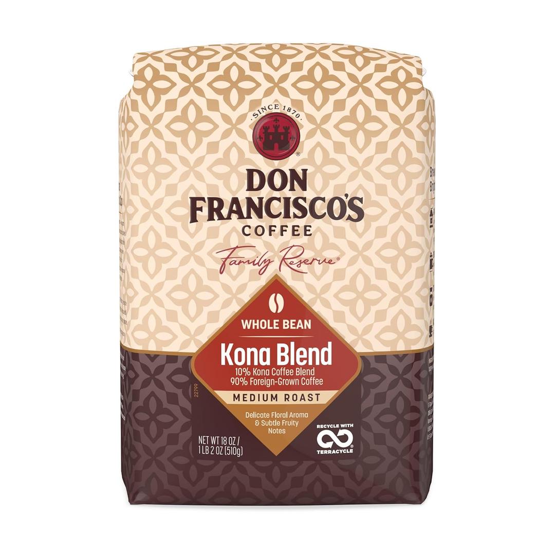 Don Francisco's Kona Blend Whole Bean Coffee, Medium Roast 100% Arabica Coffee, 18 oz Bag (EXP 08/25/27)