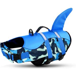 Queenmore Dog Life Jacket Ripstop Dog Shark Safety Vest Adjustable Preserver with High Buoyancy and Durable Rescue Handle for Medium Dogs, Blue Camouflage