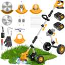 20000 RPM Electric Weed Wacker Cordless, 3-in-1 Weed Eater Cordless with Battery Powered, Lawn Mower/Grass Trimmer/Lawn Edger with 3 Types Blades, Battery Weed Wacker with Wheels (2 Battery, Yellow)