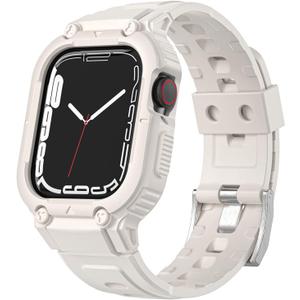 Compatible for Apple Watch 9 Band with Case 45mm, Shockproof Soft TPU Sport Wrist Strap with Protective Bumper Cover for iWatch SE Series 9 8 7 6 5 4 3 2 1 (45mm/44mm/42mm, Starlight)