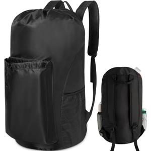 Polecasa Extra Heavy Duty Large Backpack Laundry Bag with Comfortable Padded Shoulder Straps & 4 Pockets, Drawstring bag for Dorm, College, Travel, Black
