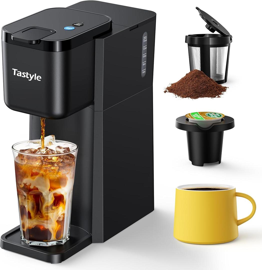 Mini Hot and Iced Coffee Maker Single Serve, for K Cup and Ground, 6 to 14 Oz Brew Sizes, with Recipe Book, for Home, Travel, RV, Office and Dorm, Classic Black (2.0 Version) (Classic Black)