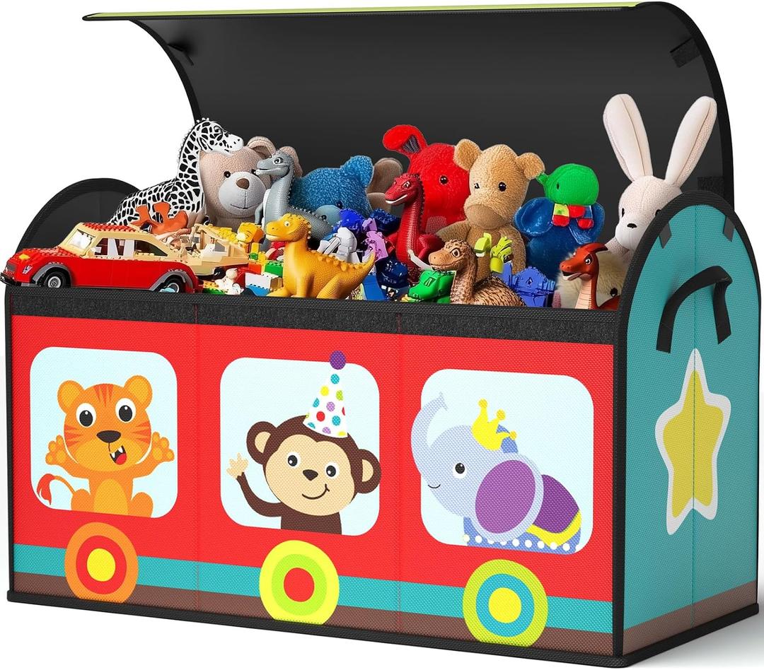 YOHOOLYO Toy Storage Organizer for Kids, 28.3x12.6x17.3 Large Sturdy Flip-Top Toy Box with Fabric Lid & Handles, Cute Train Design Toy Chest Bin Box Baskets for Playroom, Nursery, Boys, Girls