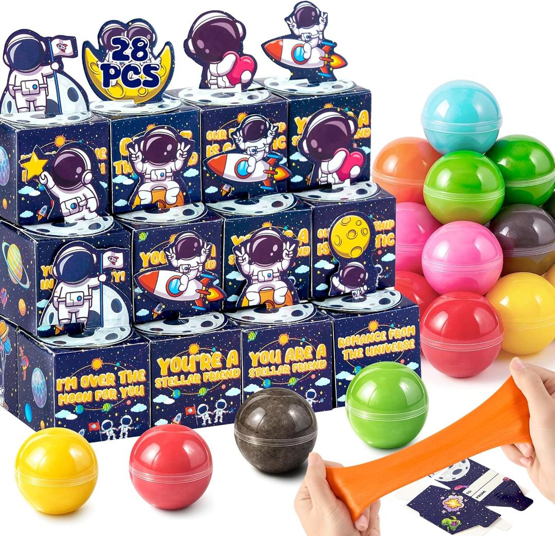 28 Pack Valentines Day Gifts for Kids, Galaxy Slime Balls with Greeting Card Boxes, Stress Relief Toy for Kids School Party Favor Classroom Exchange Prizes Gift