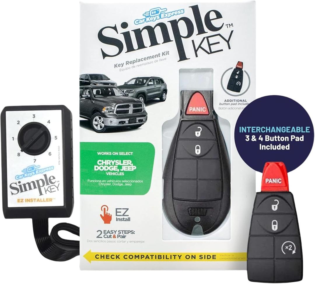 Simple Key, Key Fob and Key Programmer with Interchangeable 3 & 4 Button Keypads Compatible for Select Chrysler, Dodge, Jeep, Ram, Volkswagen Vehicles, Simple Key Replacement Kit