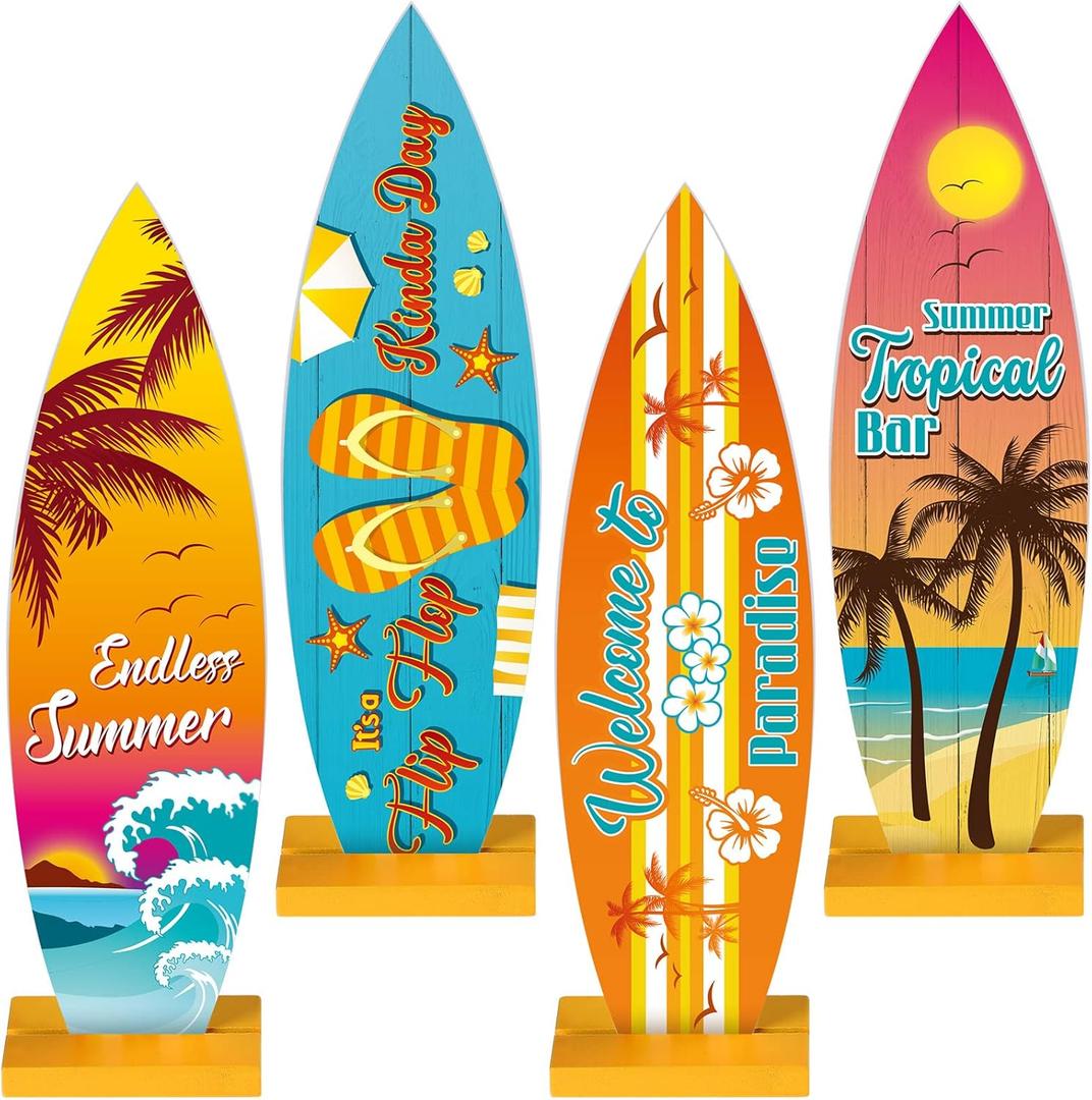 Blulu 4 Pcs Surfboard Decorations for Party Surfboard Beach Signs Welcome to Paradise Sign Tropical Bar Table Centerpieces Endless Summer Wood Decor Flip Flop Letters for Home Decor(Tropical Style) (8.27 x 2.4 Inch)