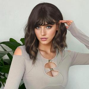 VCKOVCKO Short Bob Wigs Honey brown mix Blonde Wavy Wig With Air Bangs Women's Shoulder Length Curly Wavy Synthetic Cosplay Wig for Girl (12", 4H27)
