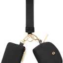 Keychain Wallet Mini Zip Around Wristlet Wallets for Women Detachable Dual Pouch Wristlet Portable Coin Purse Small Wallets (Black+Gold)