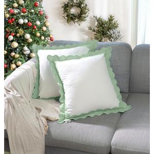 Folkulture Throw Pillow Covers 18x18 Set of 2 Boho Throw Pillows for Couch Pillows for Living Room, Decorative Pillow Covers, Outdoor Pillow Covers, Scalloped Pillow Covers, Sage Green Throw Pillows (Emerald Oasis)
