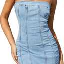 ELLEVEN Strapless Denim Dress for Women Western Mini Jean Dress Bodycon Sexy Summer Dresses for Women 2026 Western Outfit Light Blue Denim X-Large