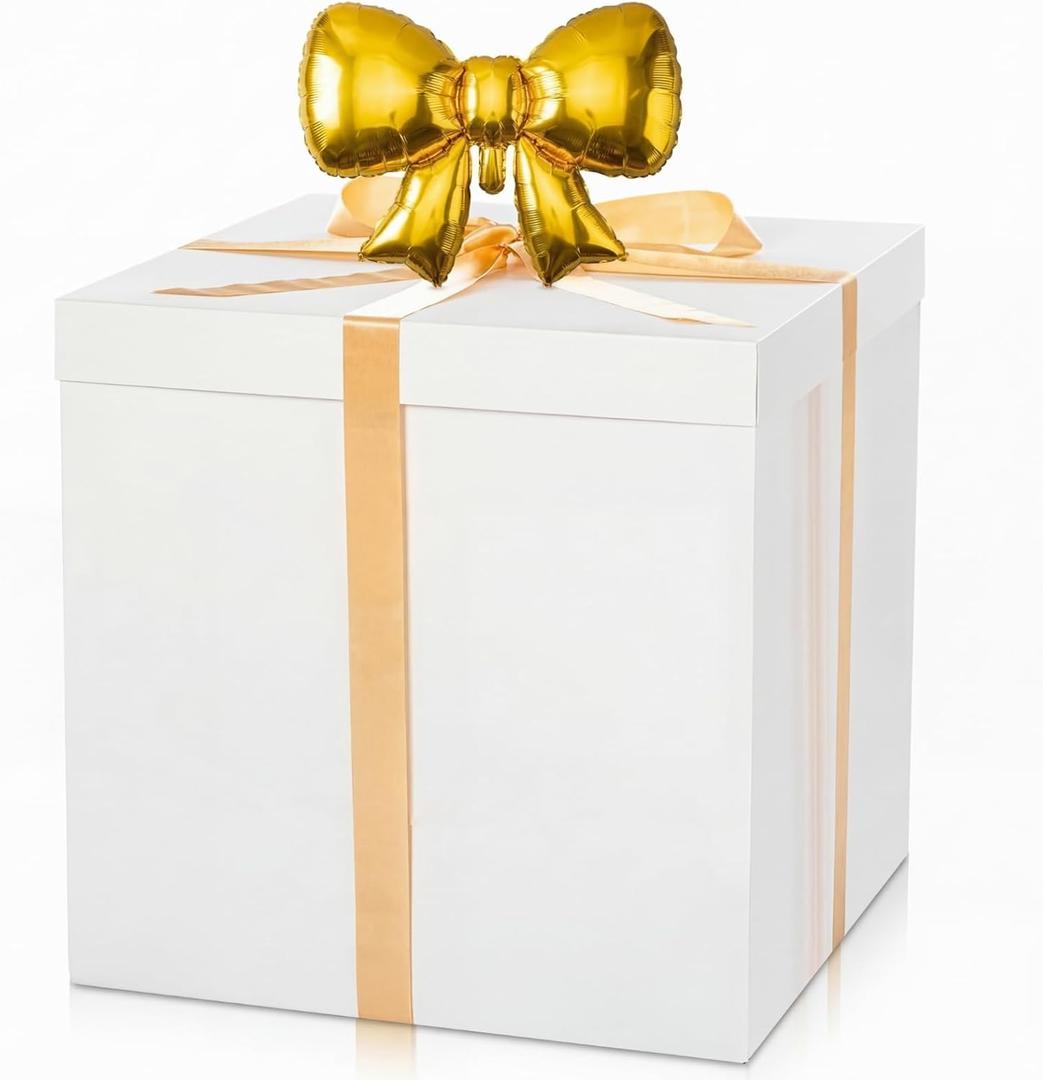 Kolldenn Extra Large Gift Box with Lid 28x28x28, Giant Jumbo White Gift Boxes with Bow Balloon and Ribbon for Gender Reveal Birthday Big Presents Special Celebrations Anniversary Wedding Party Decor, 6 count
