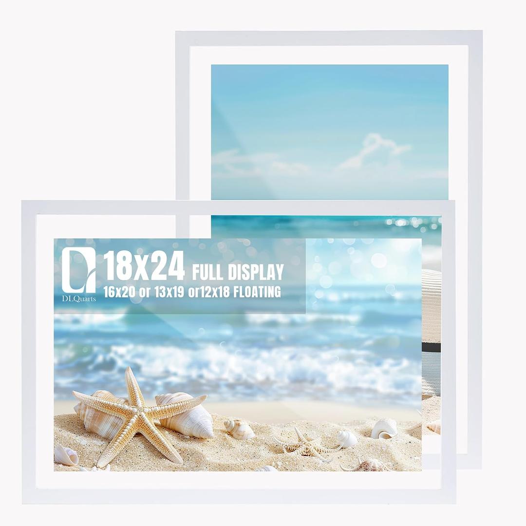 DLQuarts 18x24 Floating Picture Frame for 16x20/ 13x19/ 12x18/ 11x14 Photos, 2-Pack Solid Wood Double Plexiglass Wall Art Frames, Any Size Photo up to 18x24 Display, Soft White
