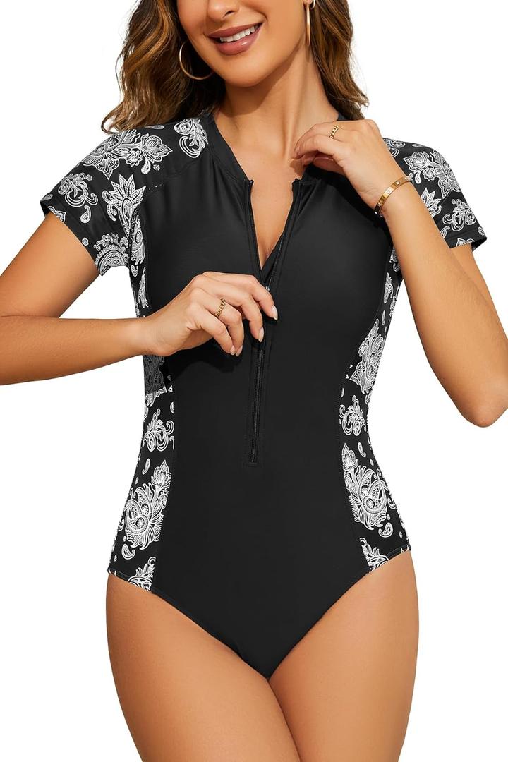 SHEKINI Women's Short Sleeve Rash Guard Swim Shirts UV Protection Zipper Surfing One Piece Swimsuit UPF 50 (XX-Large, Black Print)