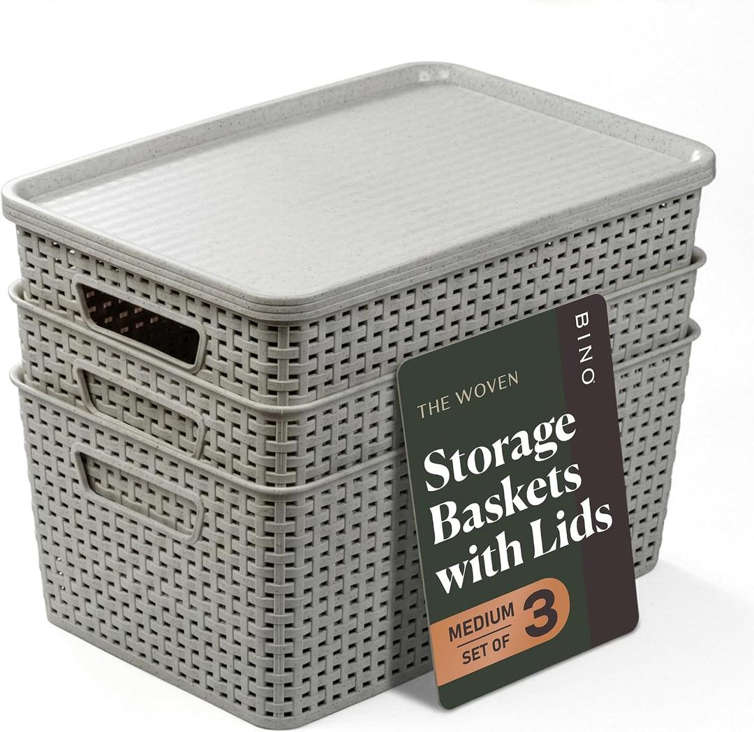 BINO | Plastic Storage Baskets with Lids, 15.5 Liter - 3 Pack, Natural Grey | THE WOVEN COLLECTION | Storage Basket for Shelves | Woven Storage Baskets for Organizing Bins | Pantry Shelf Organizer Bin