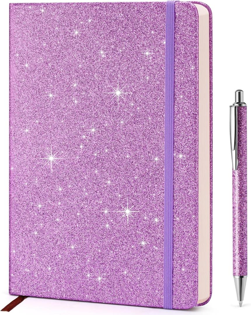 Purple Glitter Notebook, 8.4"x 5.7", 200 Lined Pages, No-Shed Sparkle Journal for Girls & Women, A5 Hardcover Diary for Writing, Birthday Gift for Teen Kids, Trendy Stuff for 6 8 9 10 11 12 Year Old