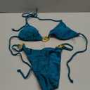 Milumia Women's 2 Piece Halter Tie Back Cheeky Swimsuit Metal Decor Triangle Thong Bikini Set (Teal Blue) S