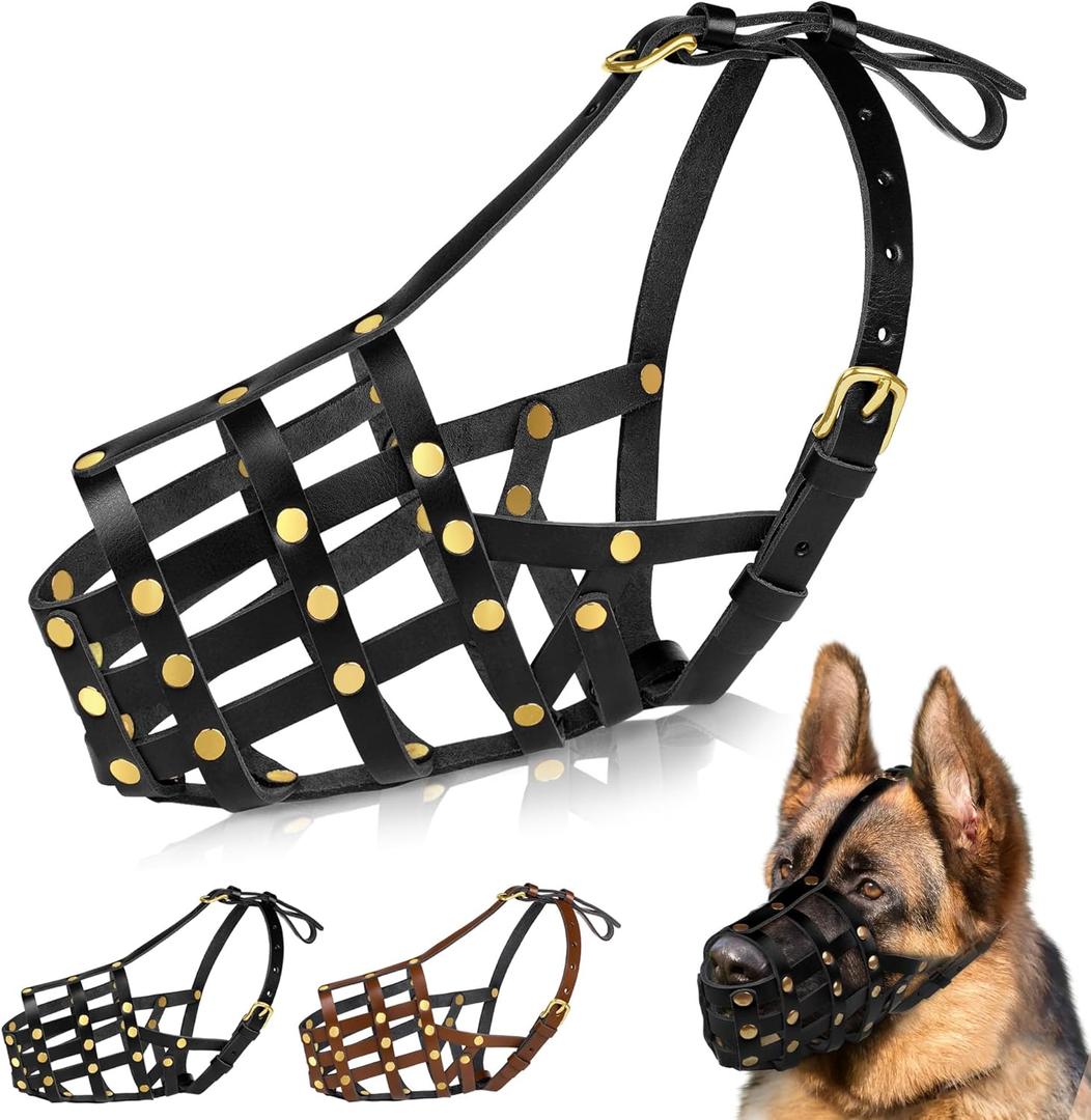 OOPSDOGGY Leather Dog Muzzle for German Shepherd, Leather Breathable Secure Basket Muzzle, Prevents Biting No Chewing Adjustable (Black, Large)