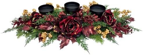 Svndlyn Christmas Candle Holder Xmas Decorations 3 Candle Holders with Burgundy Roses Golden Berries Pine Needles Long Floral Candelabra for Dining Table Mantle and Fireplace Decor