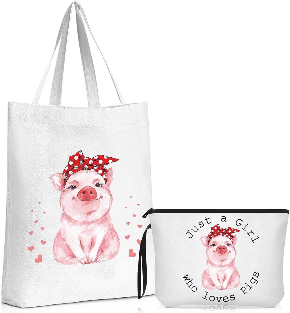 Sieral 2 Pcs Animal Lover Bag Graduation Gift for Women Travel Canvas Tote Portable Zipper Pouch Canvas Reusable Grocery Tote