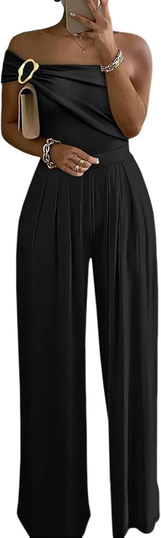 CHICME Women's Jumpsuit Dressy One Shoulder Buckle Decor Ruched Wide Leg Jumpsuits Elegant Party Overall, Small