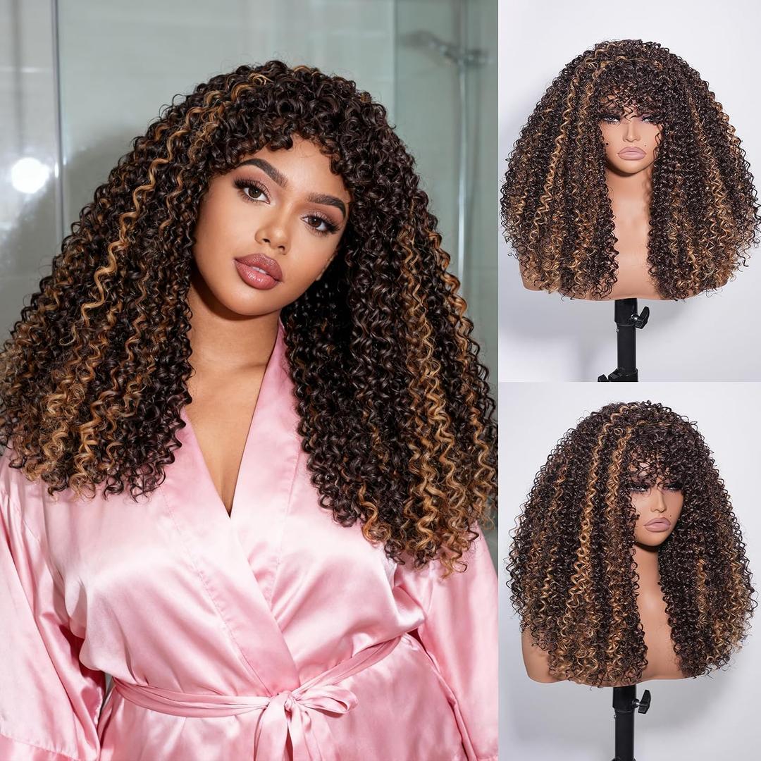 Shaggy Curly Wig with Bangs Highlight Brown Blonde Wigs 20 Inch Natural Looking Human Hair Blend for Everyday Wear