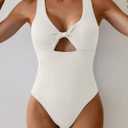 Aidonger Women's Swimsuit Ribbed Tummy Control One Piece Bathing Suit Twist V Neck Swimwear Metal Buckle Backless Swim Suit (White, S)