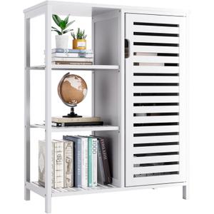 HITNET Bathoom Storage Cabinet, Bamboo Floor Cabinet with Single Door and 3 Open Shelves, Freestanding Space Saving Cupboard for Living Room, Kitchen, Entryway, White