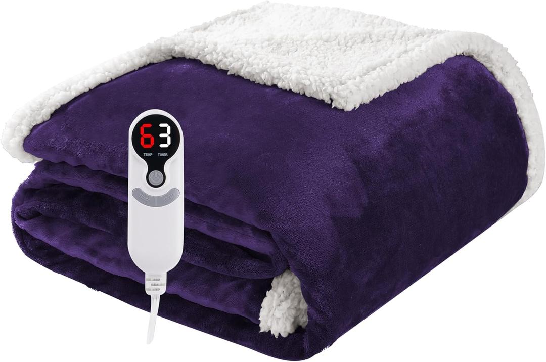 Electric Heated Blanket Throw Size 50"x60", Soft Flannel with Overheat Protection, 9 Adjustable Heat Settings & 10-Hour Auto-Off Timer, Fast Heating for Winter Comfort, Dark Purple