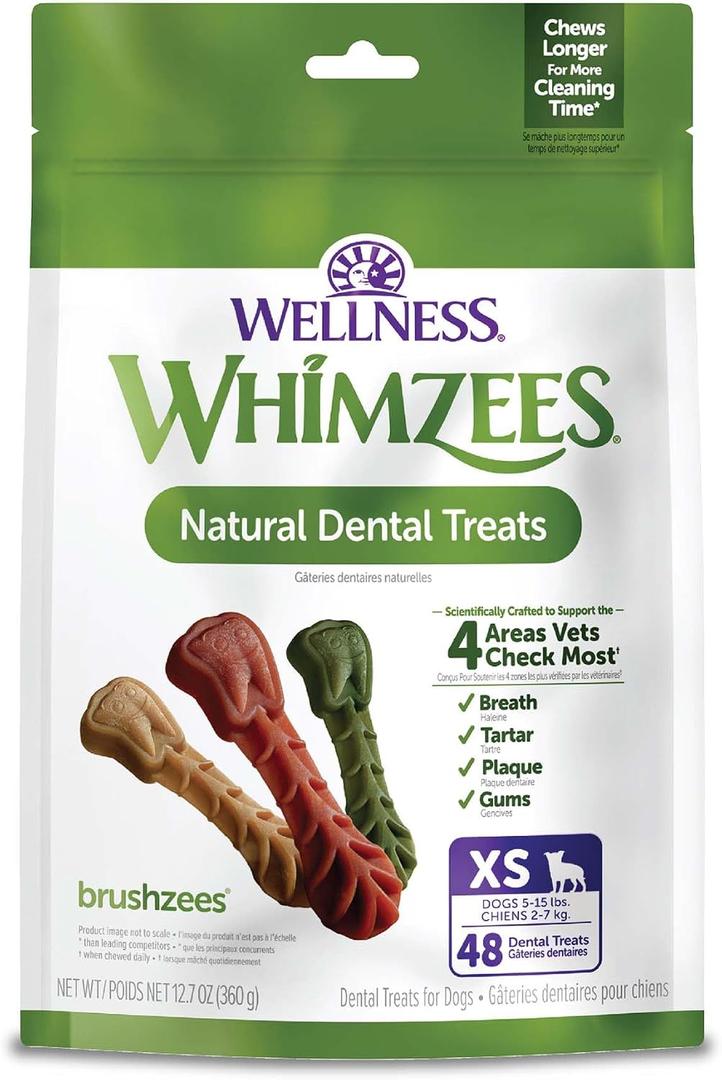 Whimzees Wellness Brushzees Dog Dental Treat, VOHC Accepted Chews, Freshens Breath, Extra-Small Size, 12.7 oz Bag, 48 Count (EXP 06/13/27)