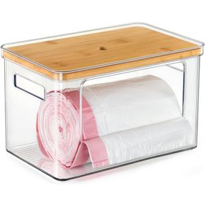 Hudgan Stackable Storage with Bamboo Top for Kitchen Laundry Room Organization, Extra Large Trash Bag/Garbage Bag Dispenser, Pantry Organizers and Storage Under Sink Organizer