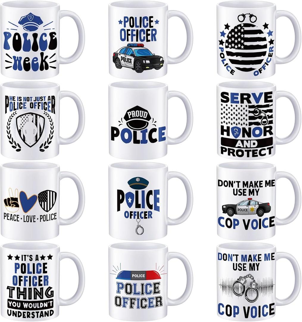 Didaey 12 Pcs Police Gifts Mugs Bulk - National Police Week 11oz Ceramic Cups Appreciation Gifts for Officer Policemen Memorial Day Academy Policeman Retirement Law Enforcement Academy Graduation