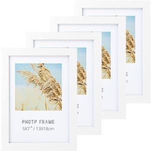 5x7 Picture Frame White Set of 4, Display Pictures 5x7 without Mat, Photo Frame with HD Plexiglass for Tabletop or Wall Display