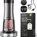 MOVNO 2 in 1 Rechargeable Electric Salt and Pepper Grinder Set with Charging Base, No Need Battery Automatic Salt and Pepper Grinder, One-Handed Operation, Adjustable Ceramic Grinder with LED Light (Black)