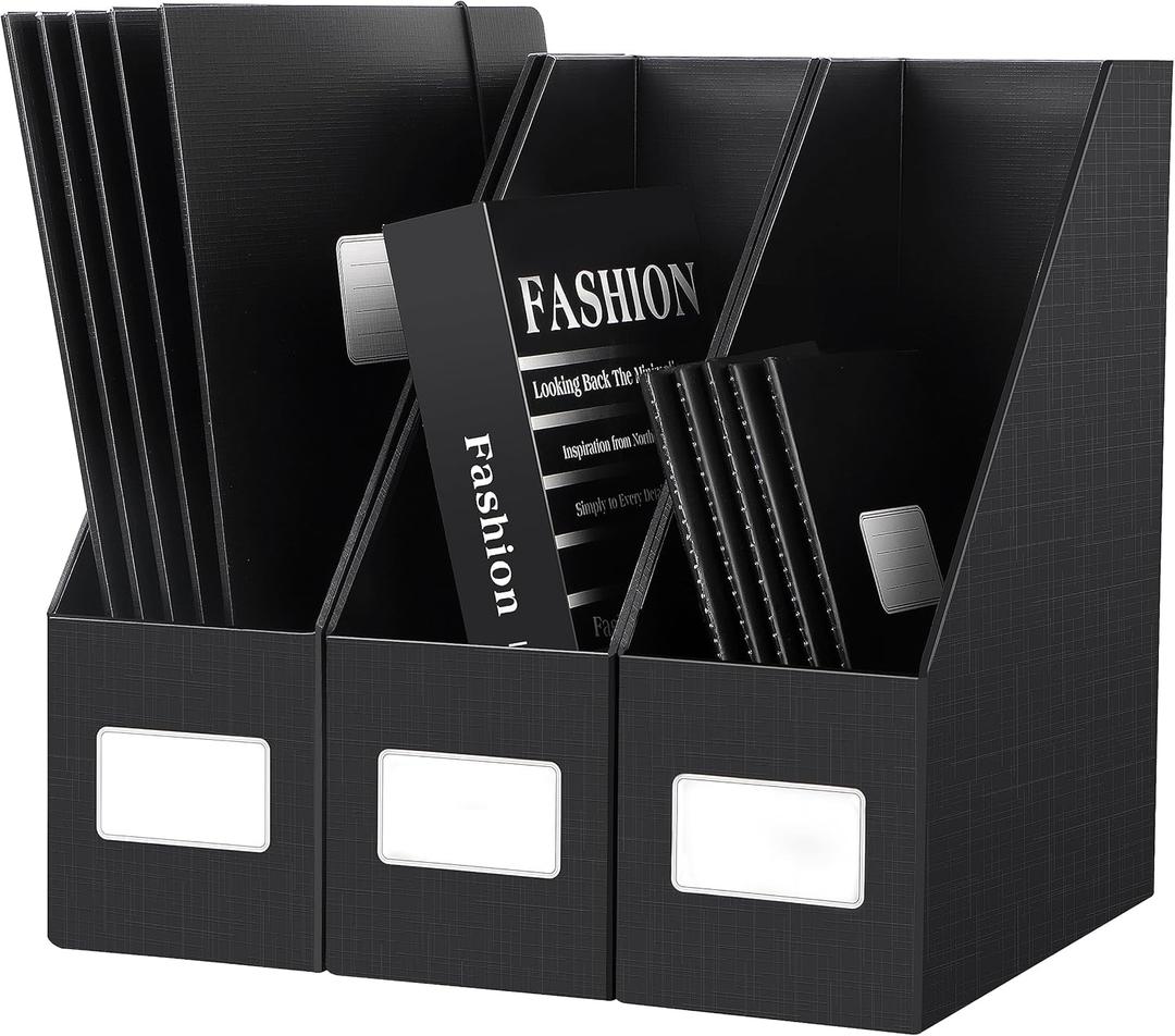 JiaWei Black Magazine File Holders, 3 Packs Sturdy Cardboard File Rack, Office Organization Desktop Storage File Box Binder for Shelves and Desk, Folder Holder for Office or Classroom