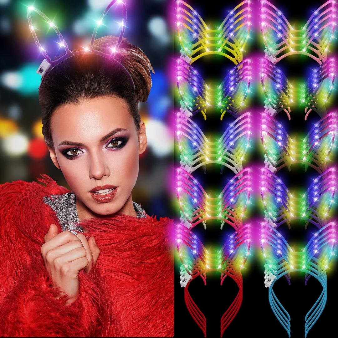 WILLBOND 40 Pcs Bunny Ears Headband Light up LED Headband Glow Hair Accessories for Women Costume Party Supply, 10 Colors