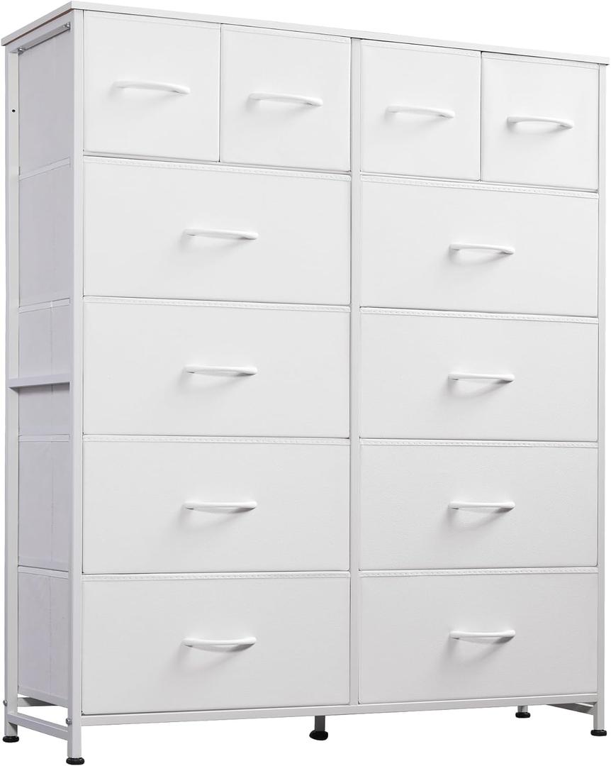 WLIVE Tall Dresser for Bedroom with 12 Drawers, Dressers & Chests of Drawers, Fabric Dresser for Bedroom, Closet, Fabric Storage Dressers with Storage Drawers, Steel Frame, Wood Top, White