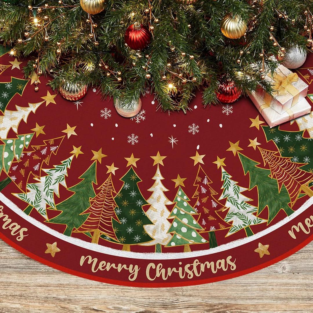 EKOREST Merry Christmas Tree Skirt 36 Inches, Red Backgrond with Trees Pencil Tree Skirt, Winter Xmas Tree Mat for Home Party Holiday Decorations