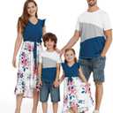 PATPAT Family Matching Outfits Mommy and Me Outfits Floral Dress & Tee Sets | Couples Matching Outfits, Women Girl Flutter Sleeve Dress, Men Boy Cotton Blend T-shirts, Beach Vacation, Family Photoshoot (Blue)