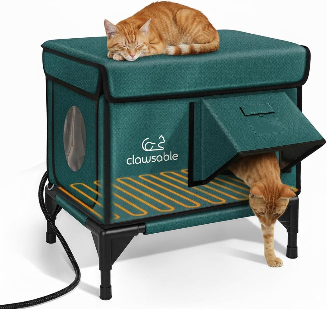 Indestructible Heated Cat House for Outside Winter, 100% Waterproof, Safe Escape Door, Insulated Outdoor Cat Shelter with Heater for Feral Barn Cat Kitty (Forest Green, 13"x17"x18")