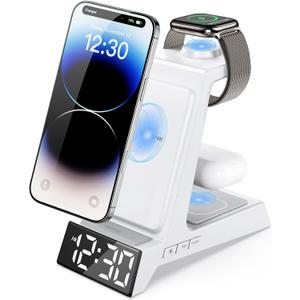 ANJANK 4 in 1 Alarm Clock with Wireless Charging, Wireless Charger Station for Multiple Devices Apple,Charging Dock for iPhone 17 16 15 14 13 12 Pro Max Series, Apple Watch, AirPods Pro 3/Pro 2/4/3/2